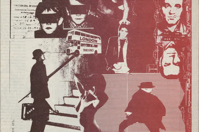 Detail of cover of Atraccions fanzine of various men walking, masked, and such.