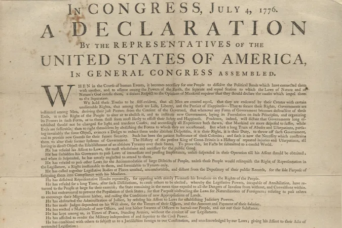 Top half of broadside of the Declaration of Independence printed by John Dunlap.