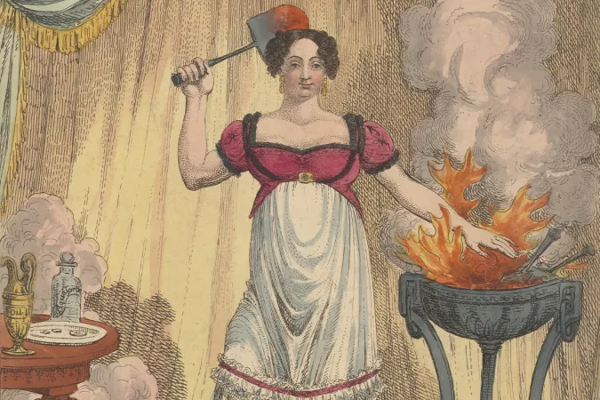 Hand-colored etching of Madame Girardelli standing with her left hand over live flames.