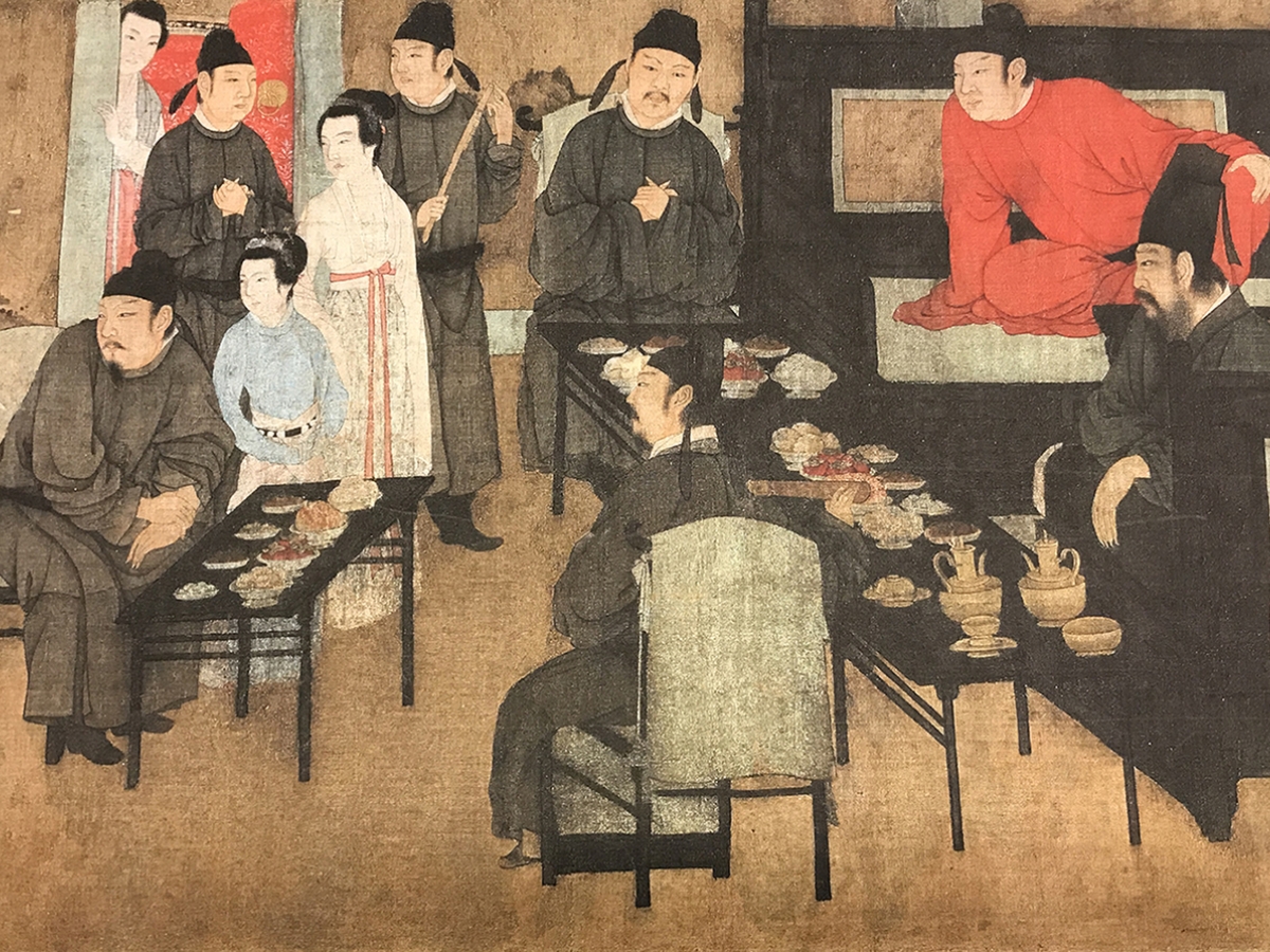 Painting of a group of people standing in a room