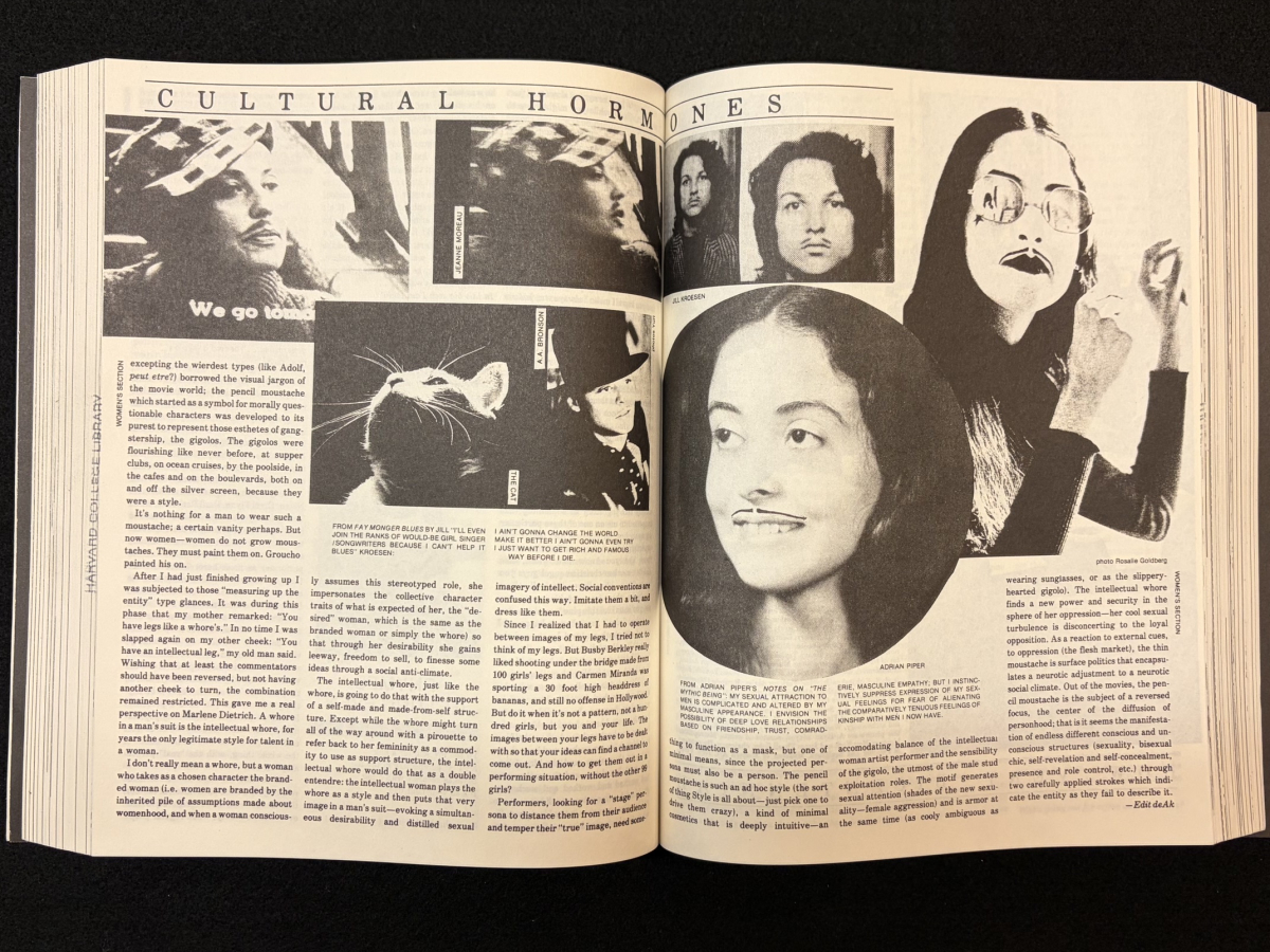 Interior spread of article featuring various image of artists in fake moustaches 