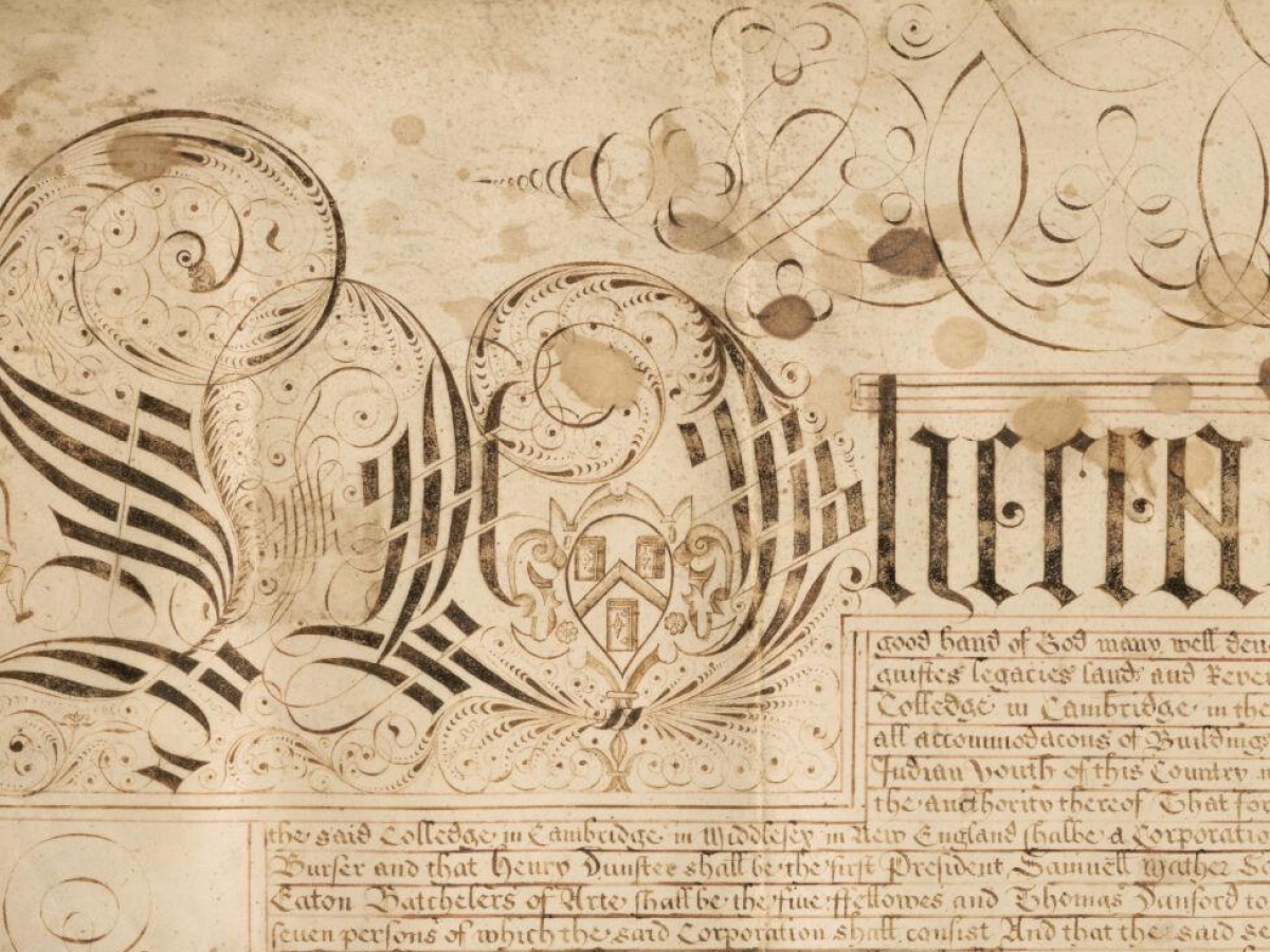 Charter with illuminated letter "W" in the word 'Whereas", dated May 31, 1650, framed. Engrossed on sheepskin. Signed by Thomas Dudley.