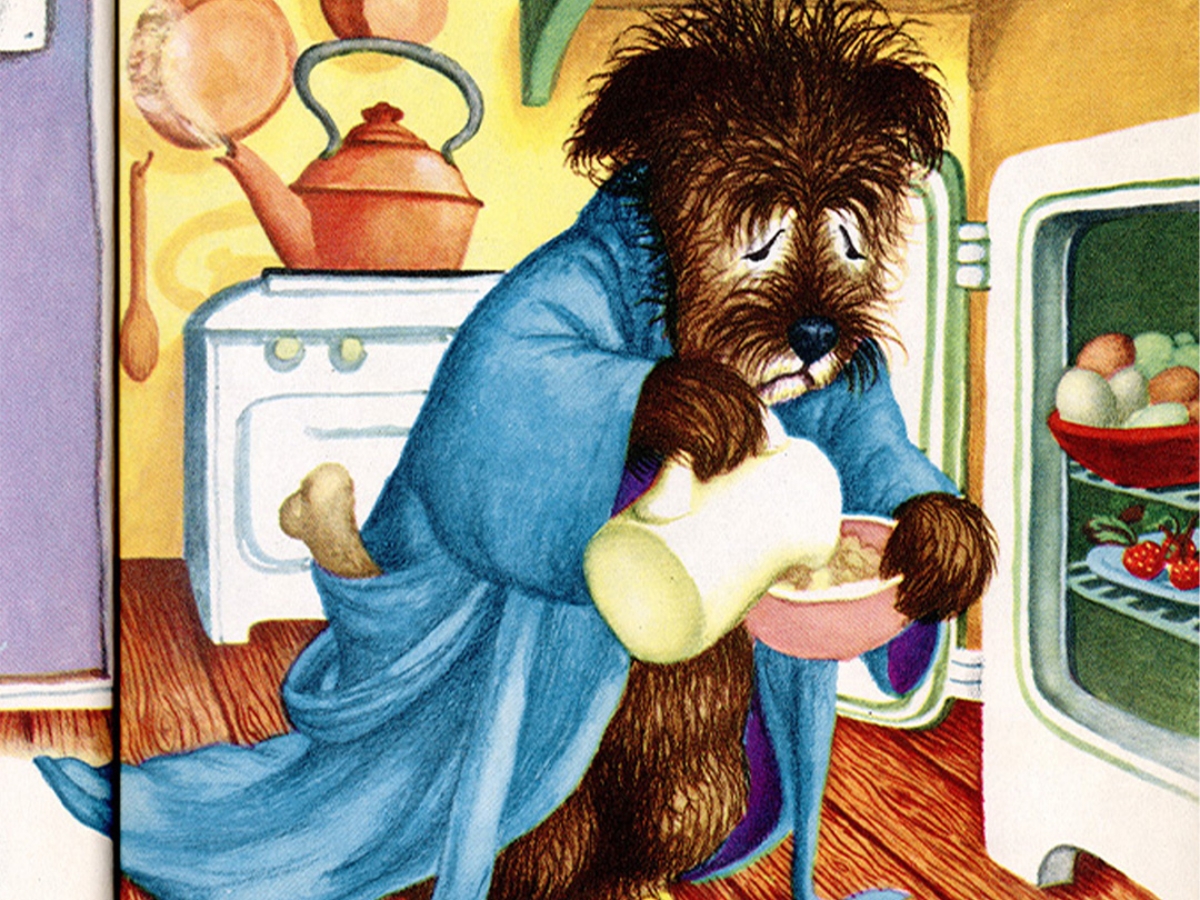 A scene of a sleepy Mister Dog standing in front of an open fridge, wearing a robe while pouring milk into his bowl of cereal.