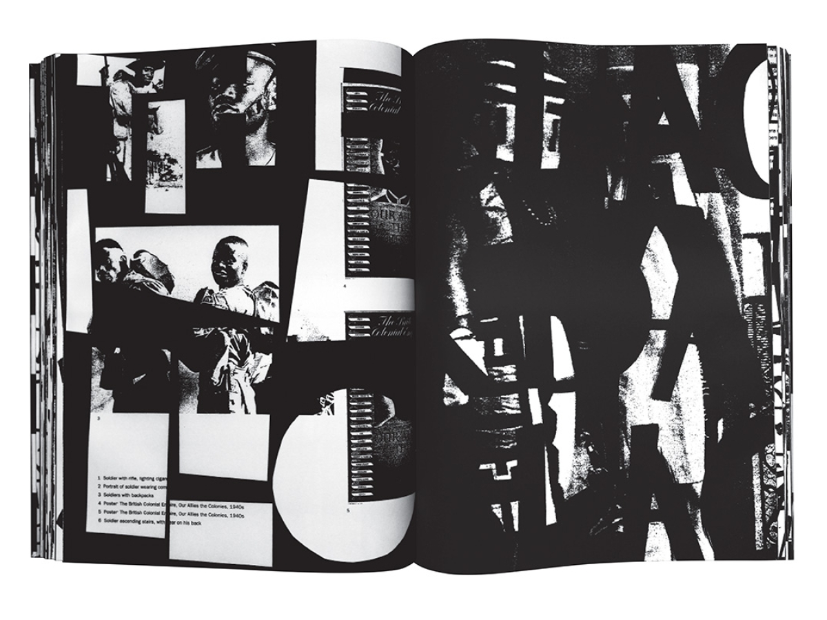 Fragments photocopied from the pages of books in black and white layered with black shapes and handwriting that frequently verges on abstraction.