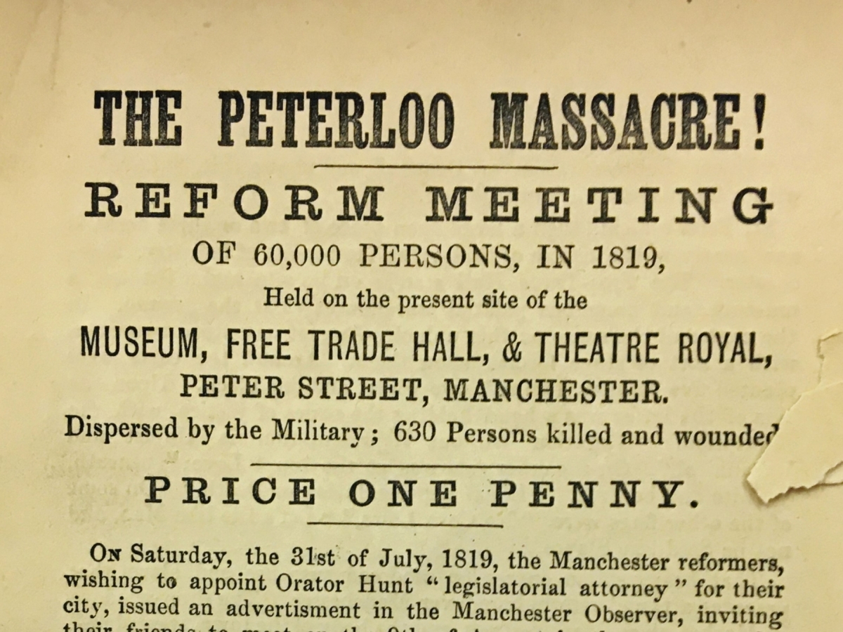 Penny pamphlet distributed to protest armed militia’s brutal suppression of a peaceful protest by men, women, and children seeking political representation.