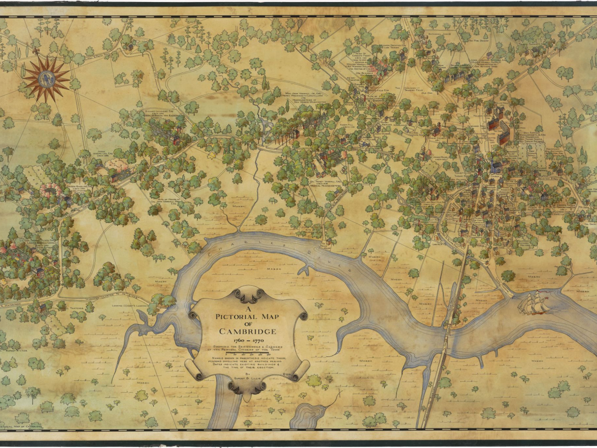 Colorful illustrated map of Cambridge, Massachusetts, depicted trees and buildings from an aerial view.