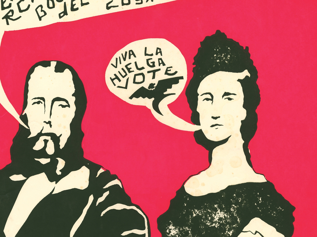 A bright pink poster depicting a 19th century woman and a word balloon reading "Viva la huelga. Vote."