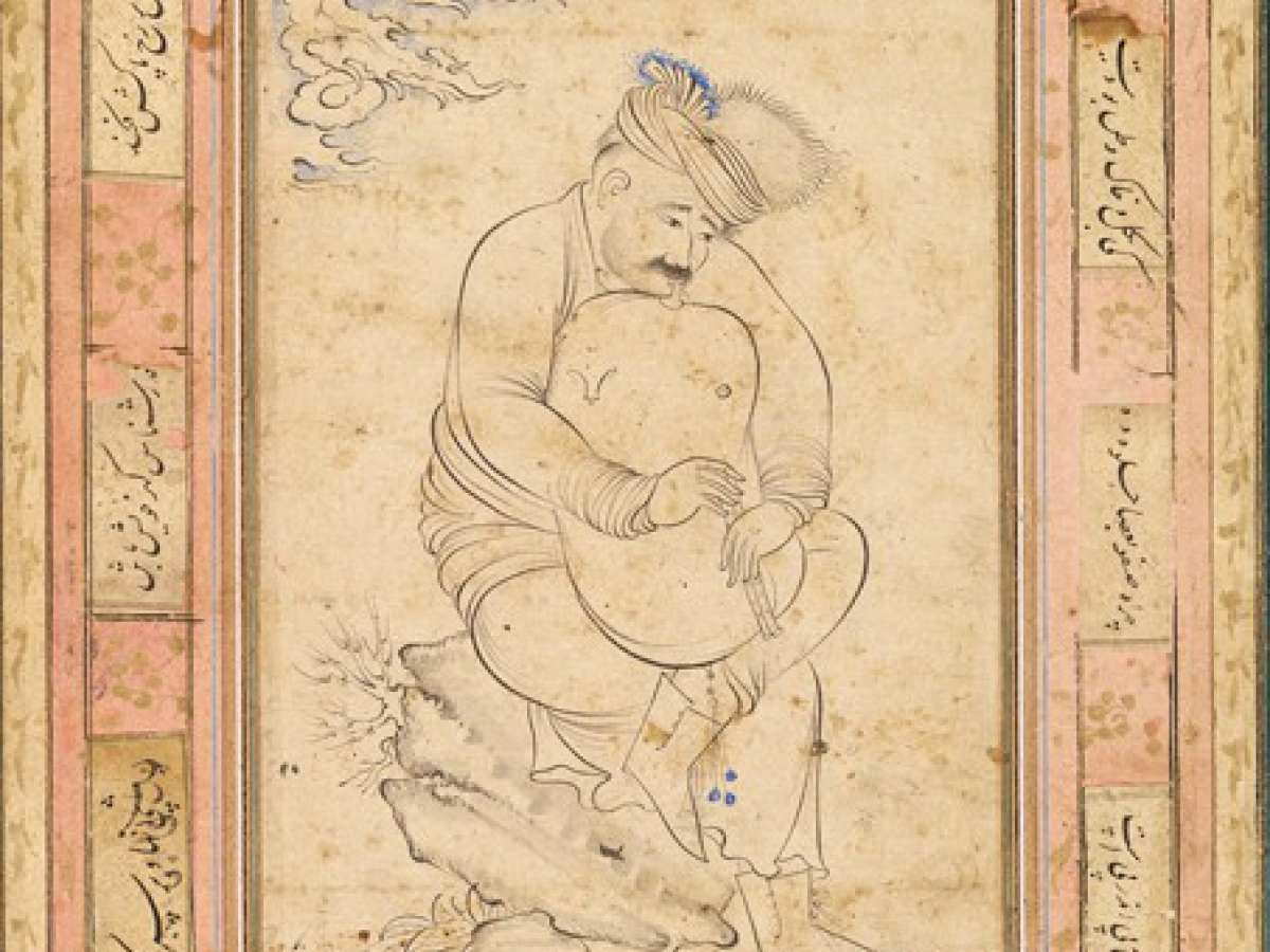 Illustration of a seated man playing a bagpipe