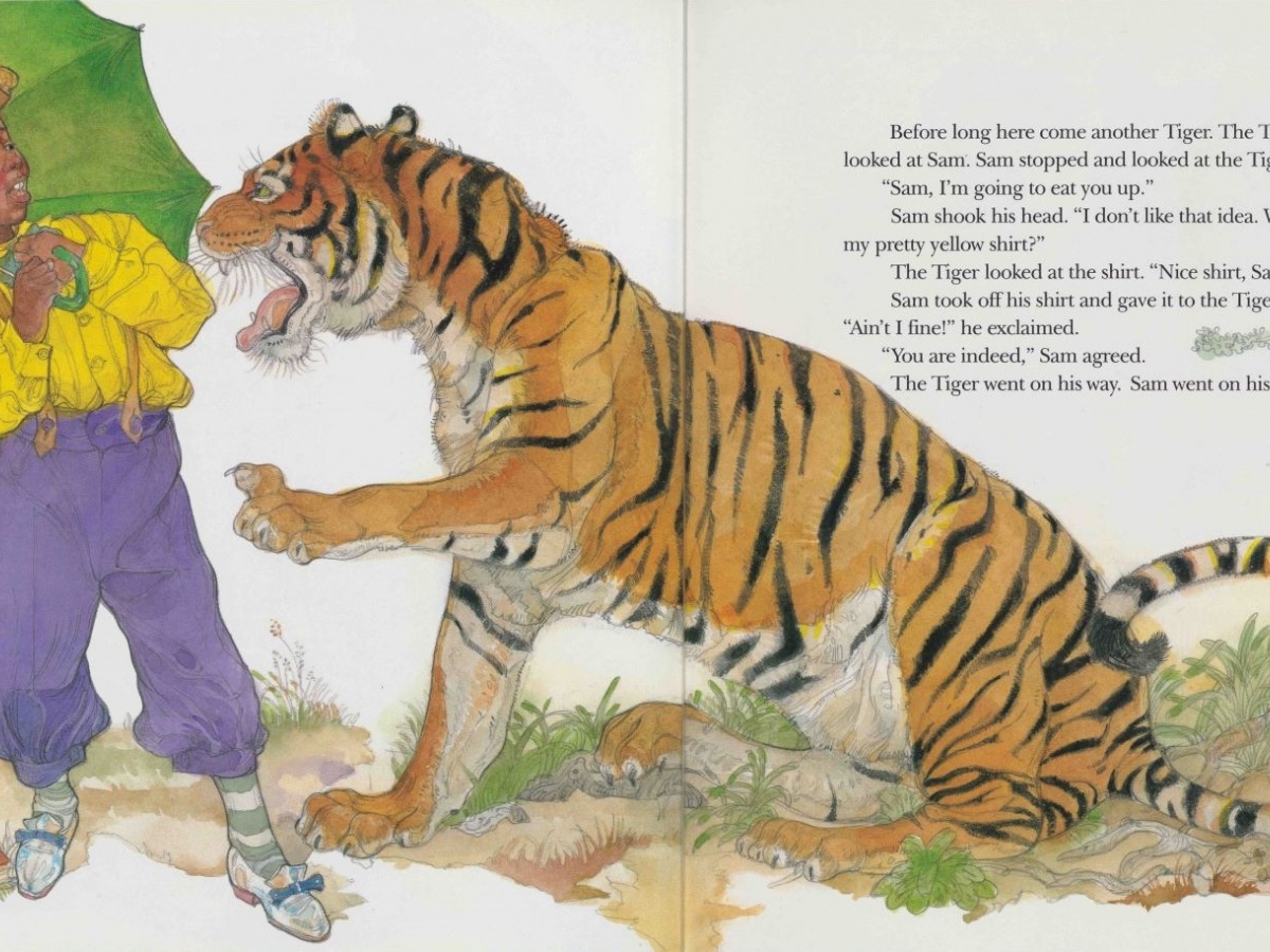 Book illustration of Sam speaking with a tiger from Julius Lester and Jerry Pinkney. Sam and the Tigers: A New Telling of Little Black Sambo., 1996