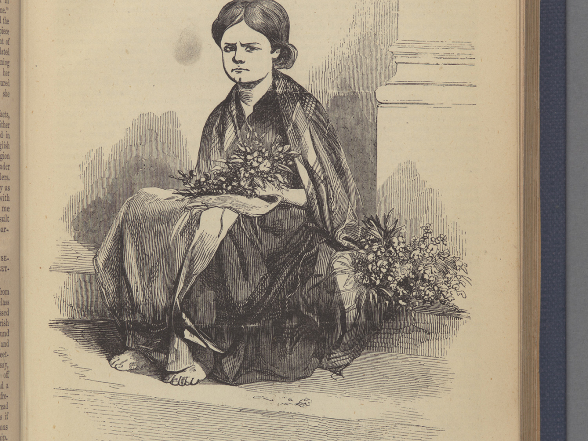 A black and white etching of a barefoot young girl holding flowers sitting next to a wall