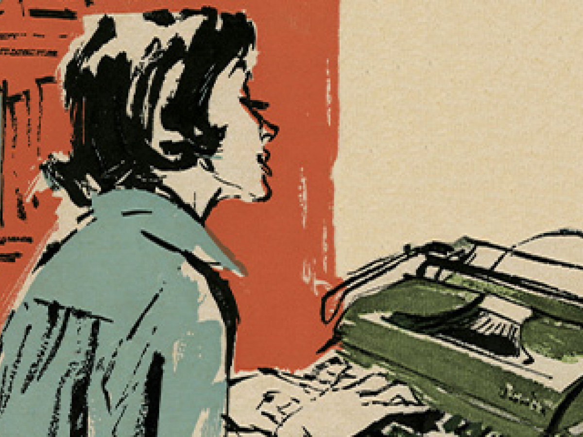 Detail from a brochure featuring a woman using the Olympia SM3 typewriter at her desk. 