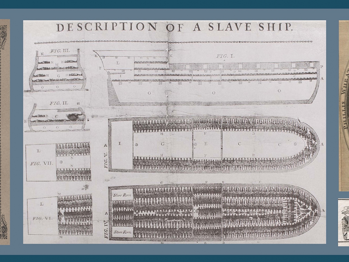 Drawing of a woman and a slave ship