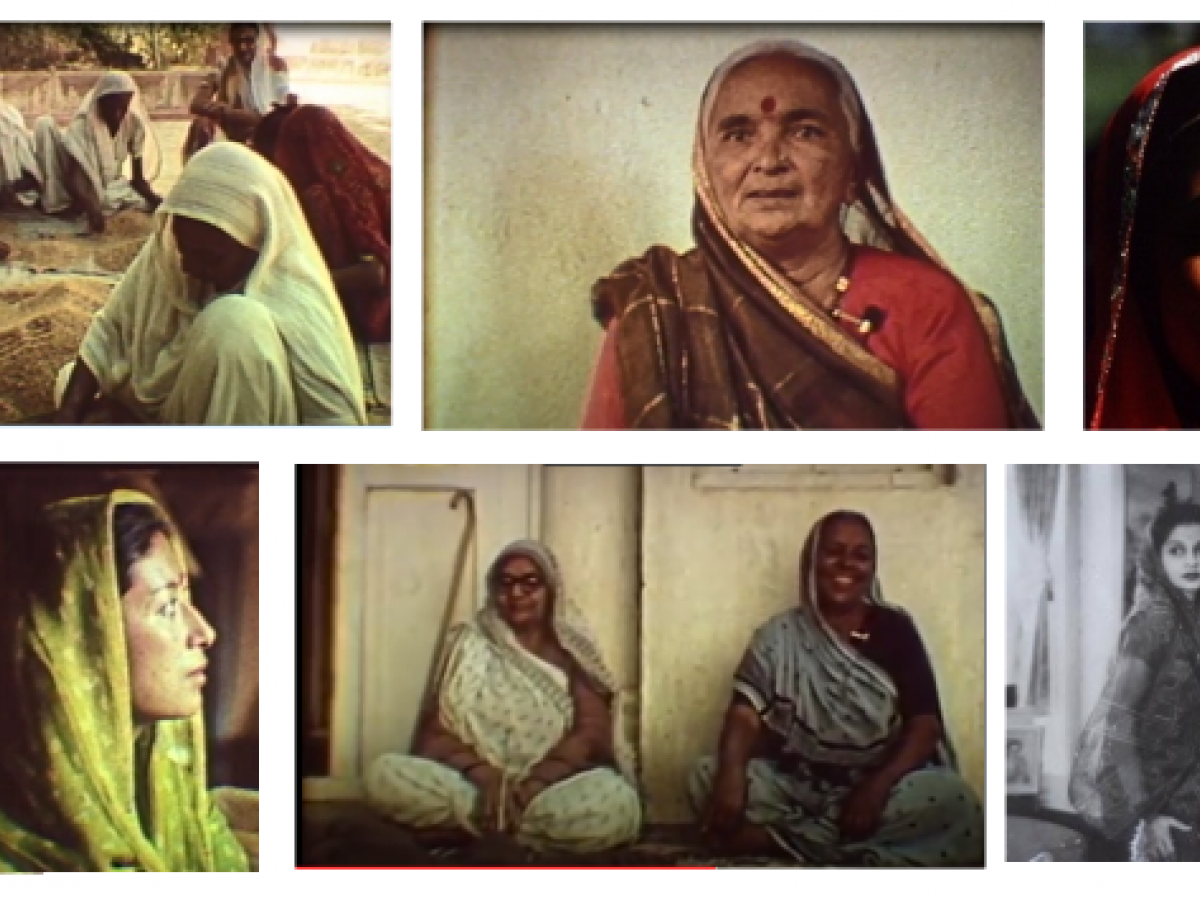 A montage of 6 images of Indian women, including a group of women in saris sit outside sifting grain, and others posing by themselves or in pairs.