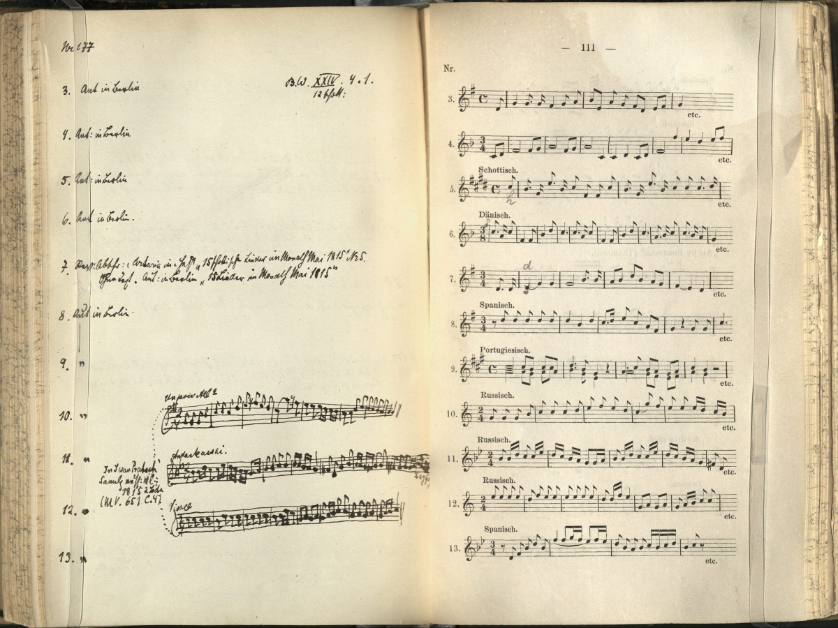 Spread of Thayer's book with printed melodies on one page and Adler's annotations on the other.