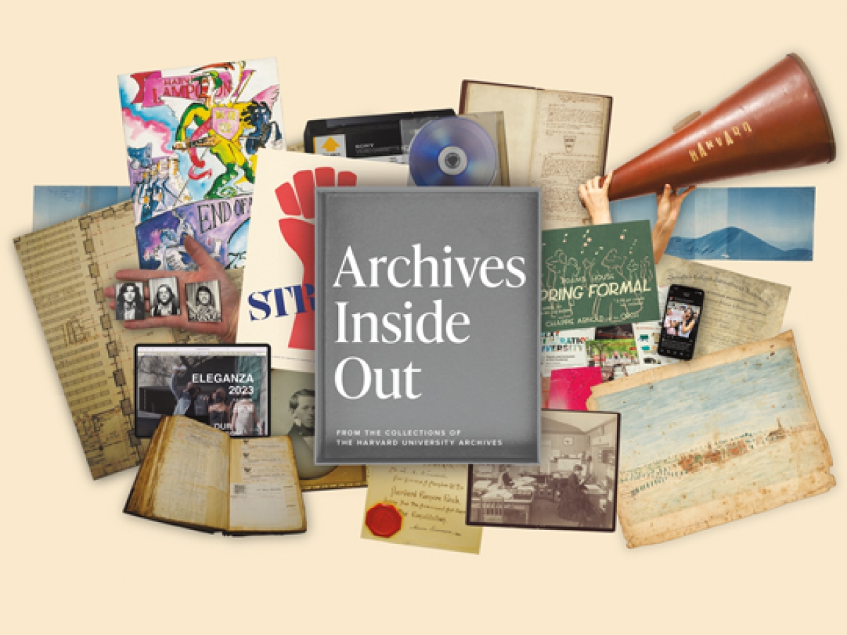 Archival box top reading "Archives Inside Out" with various documents, objects, and media surrounding it.