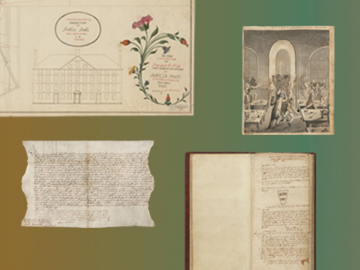 A handwritten mathematical thesis and document, a lithograph sketch, and a volume open to meeting notes show various record types on a gold to green gradient background.