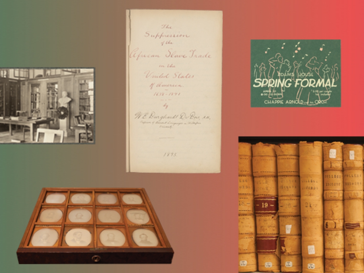 A photograph, drawer of daguerreotypes, handwritten thesis cover page, dance invitation, and book volume spines show various record types on a green to red gradient background. 