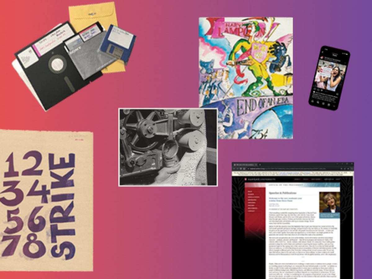 A poster, floppy disks, photograph, decorative magazine cover, iPhone, and tablet show various record types on a red to purple gradient background.