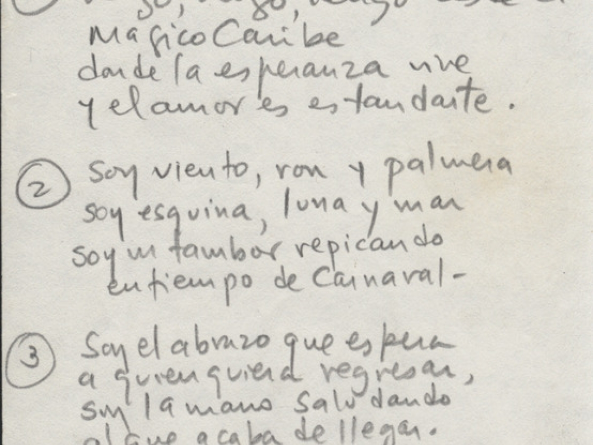 Handwritten lyrics on a piece of hotel stationary.