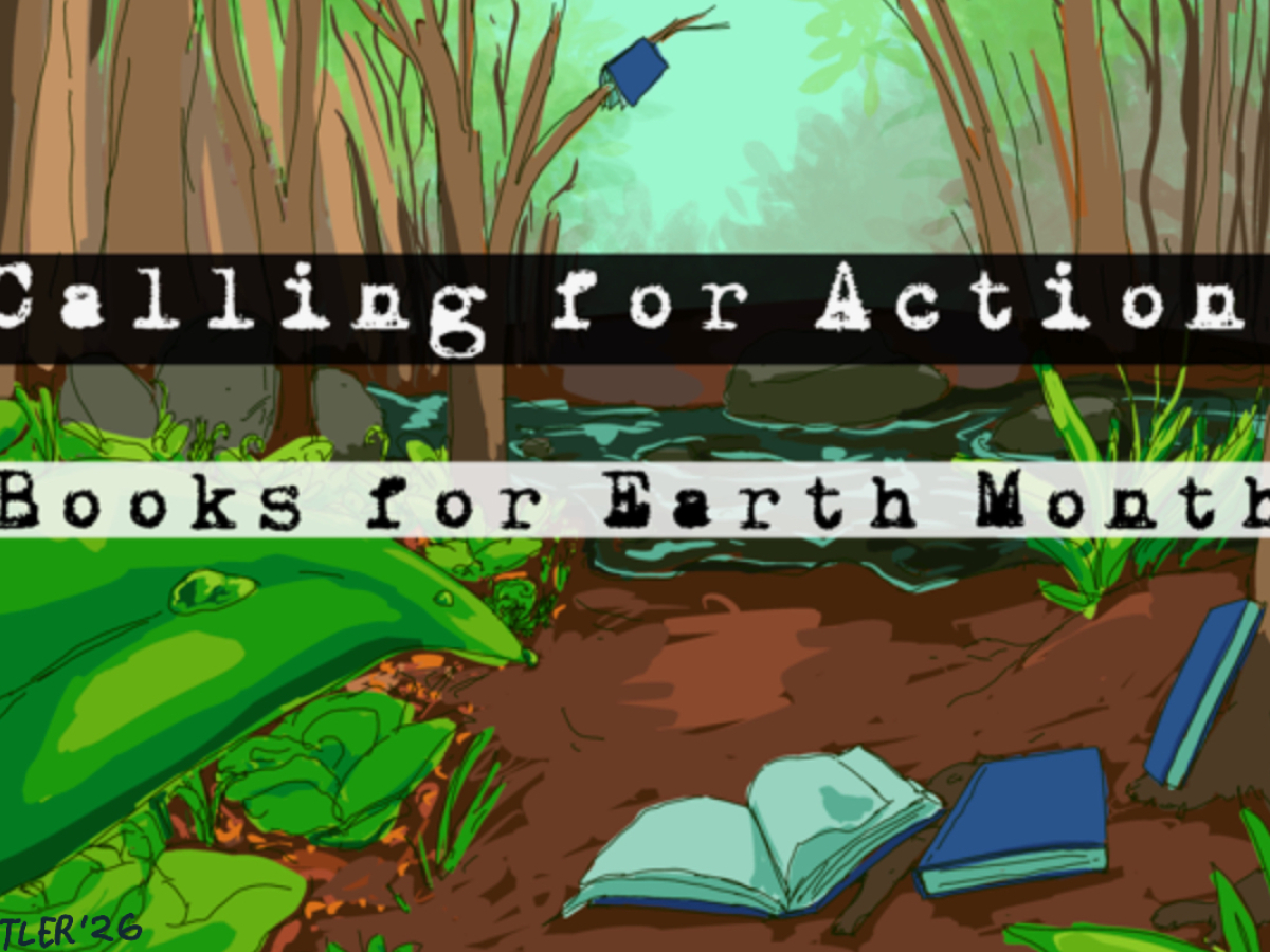 Poster image with the title and an illustration of nature and books on the ground