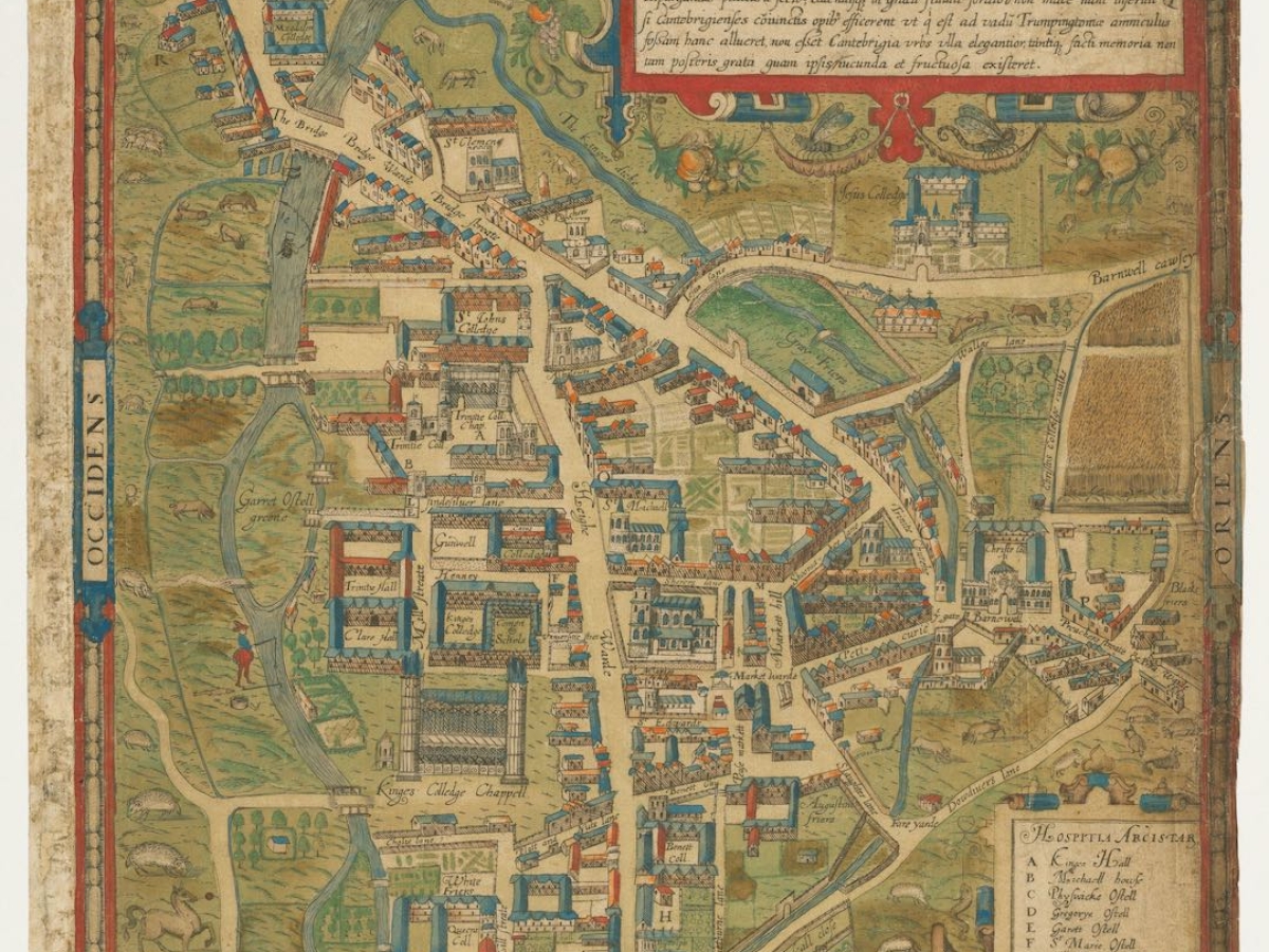 Colorful and detailed map of Cambridge, England with individual buildings, people and animals