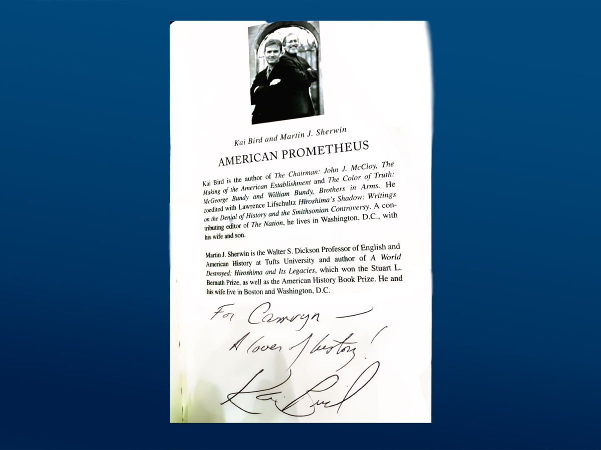 an inside page of American Prometheus showing a handrwritten inscription from Kai Bird to Camyrn, a lover of history