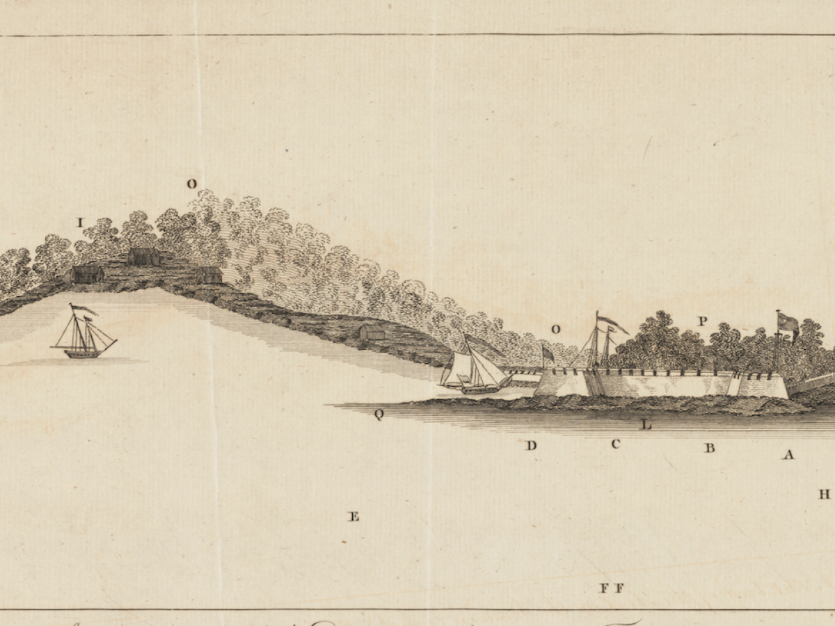 Relief view of Sullivan's Island from Boston Harbor with tall ships 