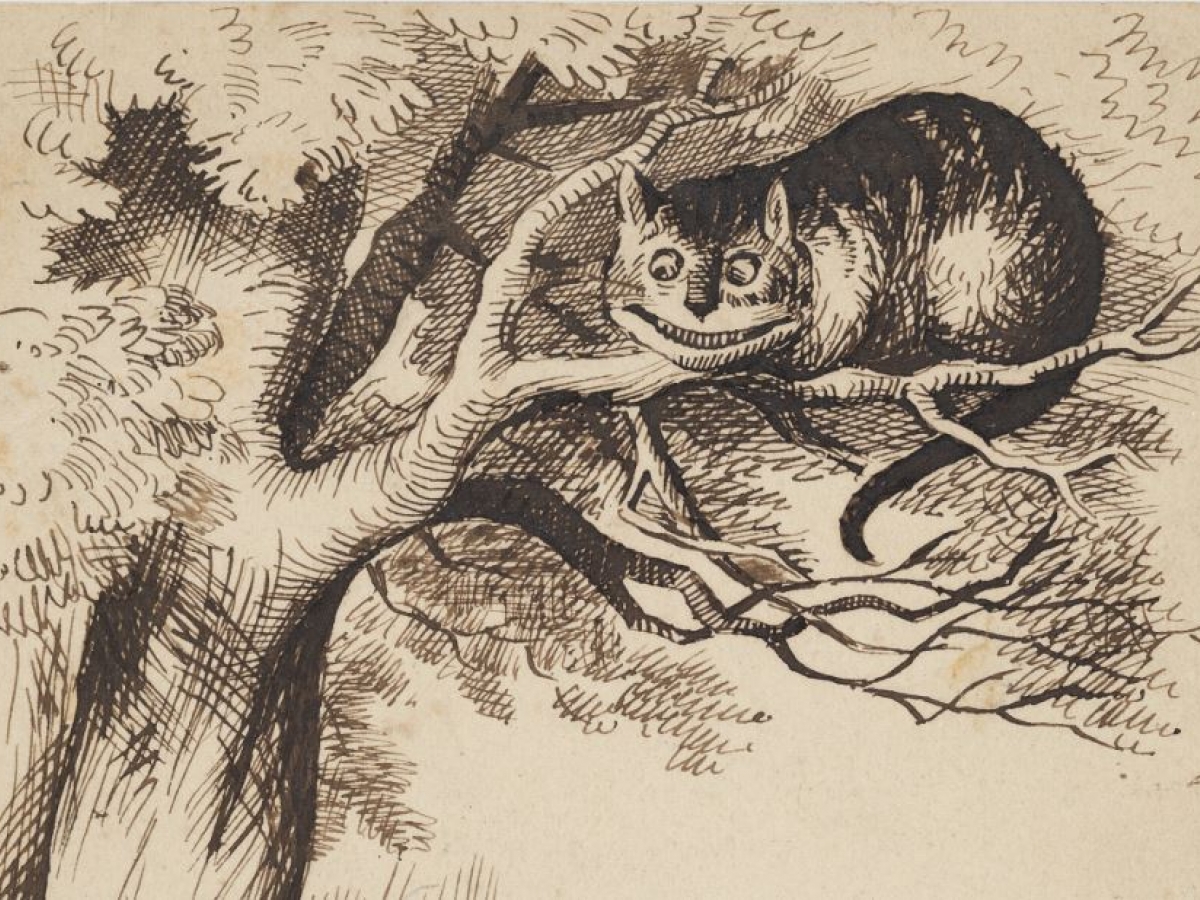 Drawing of the Cheshire Cat grinning in a tree, from Alice in Wonderland