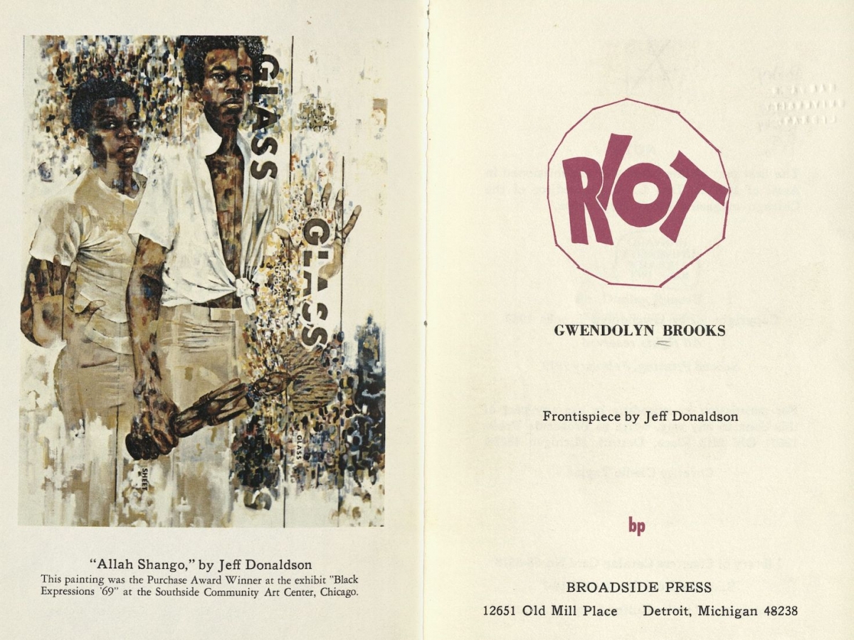 Title page and frontispiece of Gwendolyn Brooks' book Riot; the frontispiece is a painting of two young Black men, one holding a broken bottle.