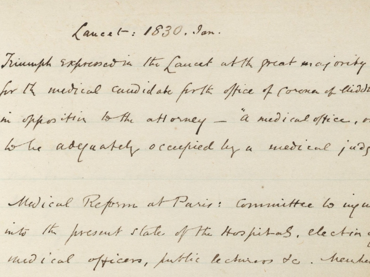A page from George Eliot's "quarry" for her novel Middlemarch, with the title "Lancet: 1830. Jan."