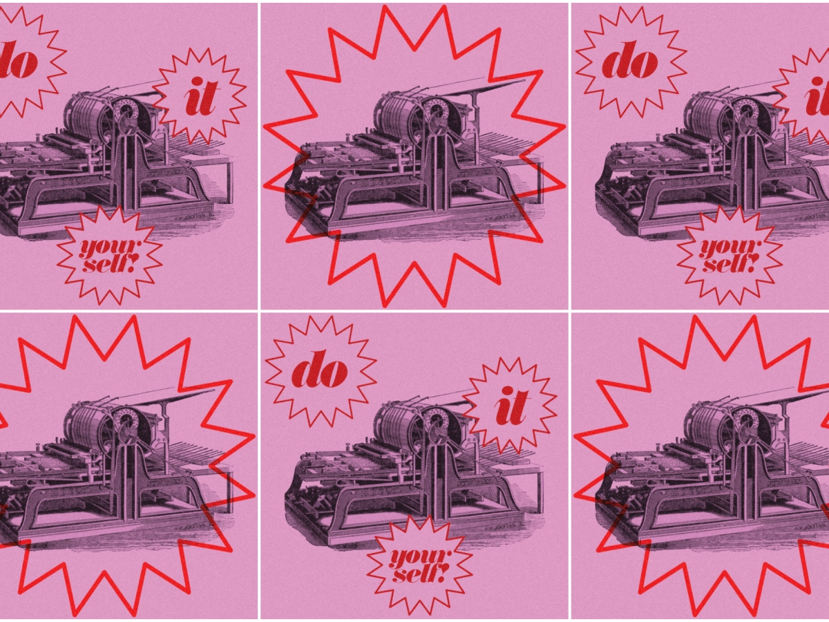 Offset printing machine with words “do”, “it”, “yourself!” overlaid in red on purple background.