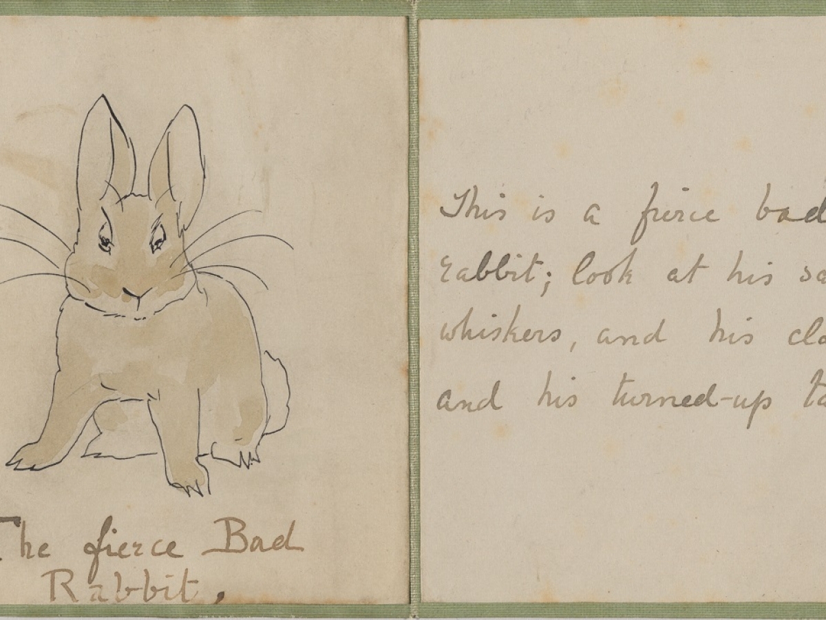 Title and first text pages of Beatrix Potter's final study for The Story of a Fierce Bad Rabbit, ca. 1906