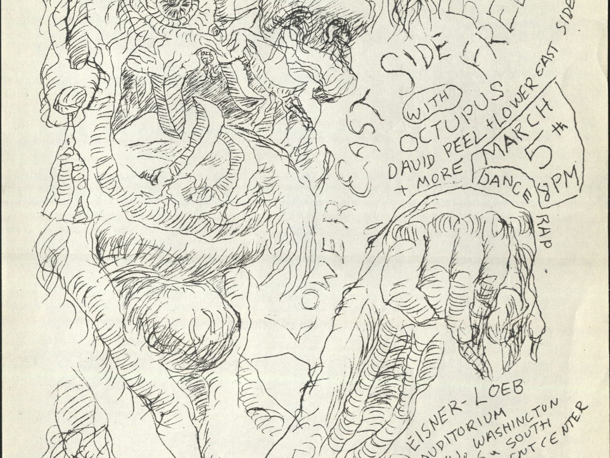 Black-and-white flyer advertising a performance by the band Lower East Side. Text reads: "Lower East Side bail-fund freek out with Octopus, David Peel + Lower East Side _ more. March 5th 8 p.m. Dance, rap. Free to freeks. Contributions for bail fund. Eisner-Loeb Auditorium, N.Y.U., Washington St. South, Loeb Student Center, March 5th 8 p.m. Wed. Free to the Lower East Side. Mother-fuckers. IWCW.