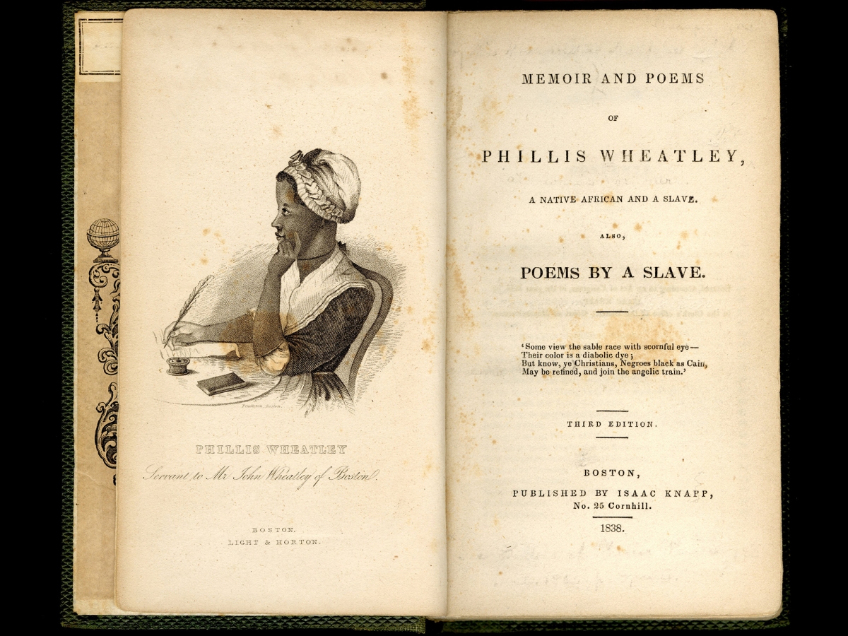 Frontispiece of a woman seated and holding a quill pen, captioned, “Phillis Wheatley Servant to Mr. John Wheatley of Boston.”