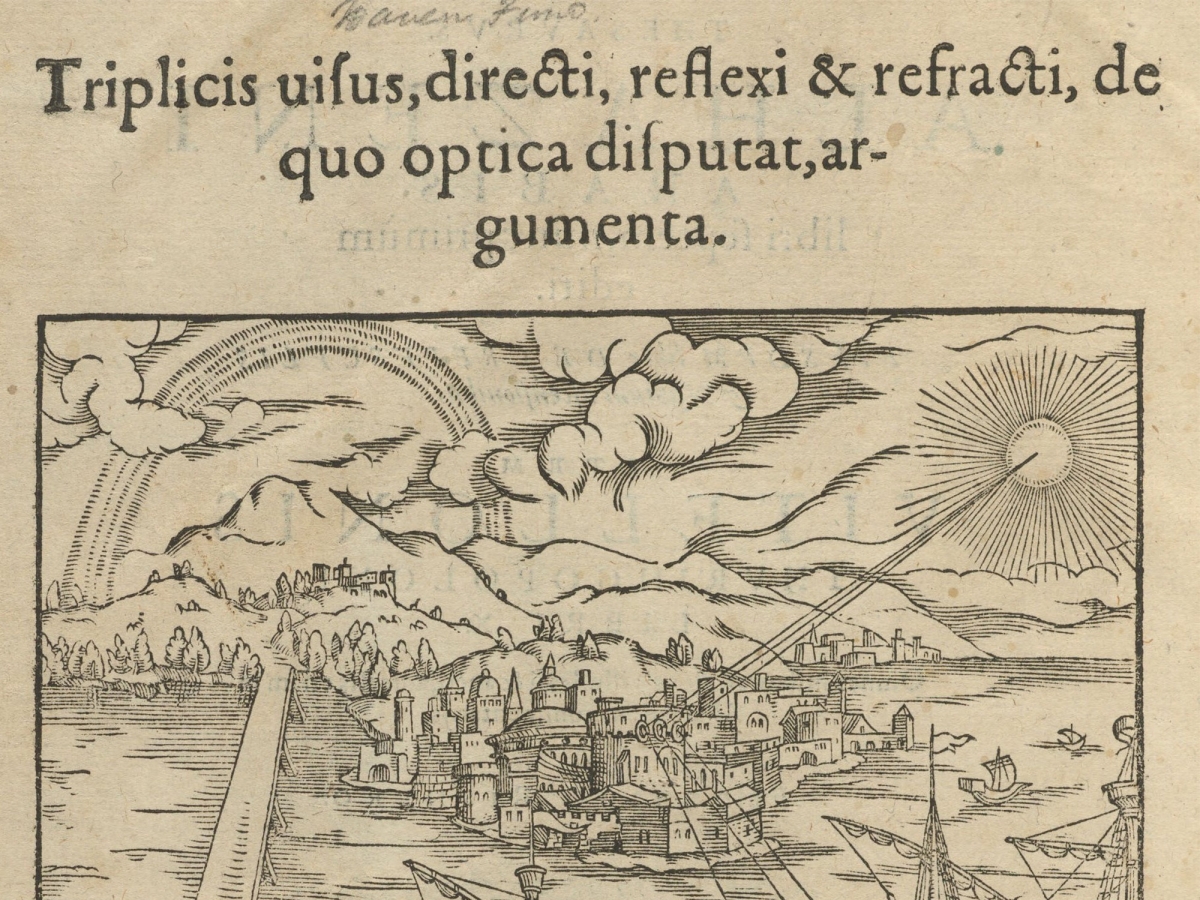 Frontispiece showing the legend of Archimedes using a parabolic mirror to set Roman ships on fire by focusing the sun’s rays.