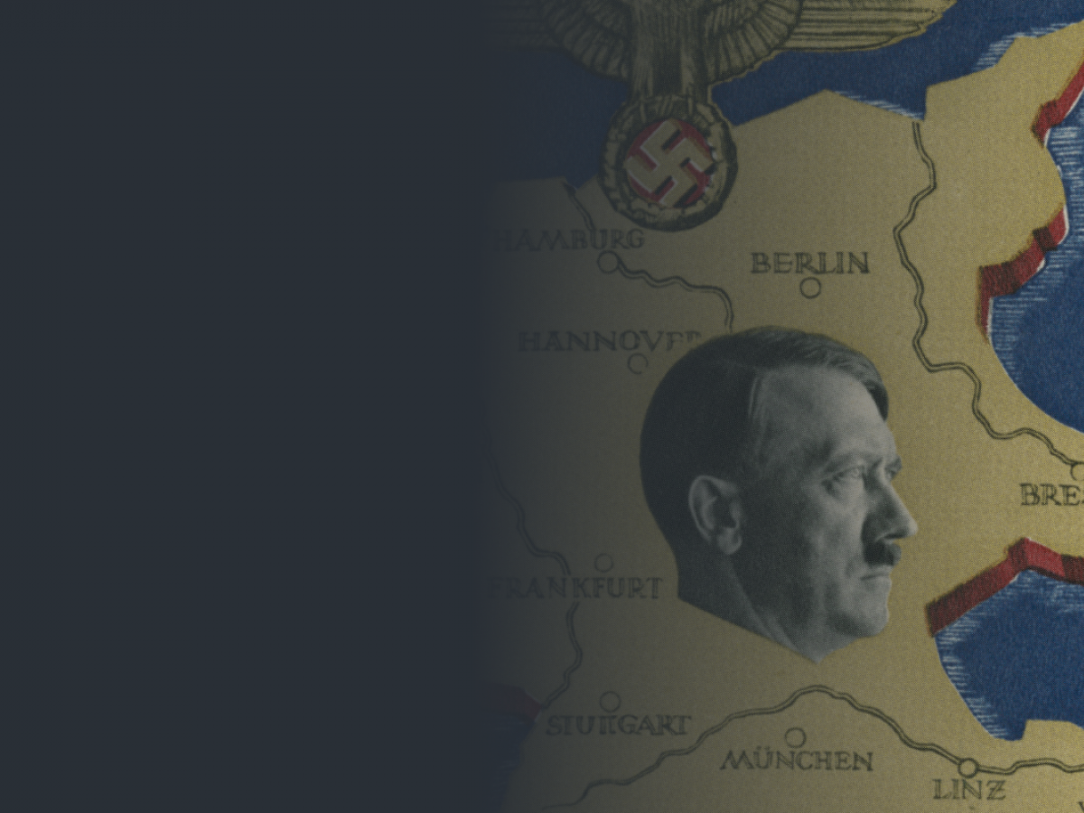 Postcard with the head of Adolf Hitler in profile superimposed over a map of Nazi-era Germany