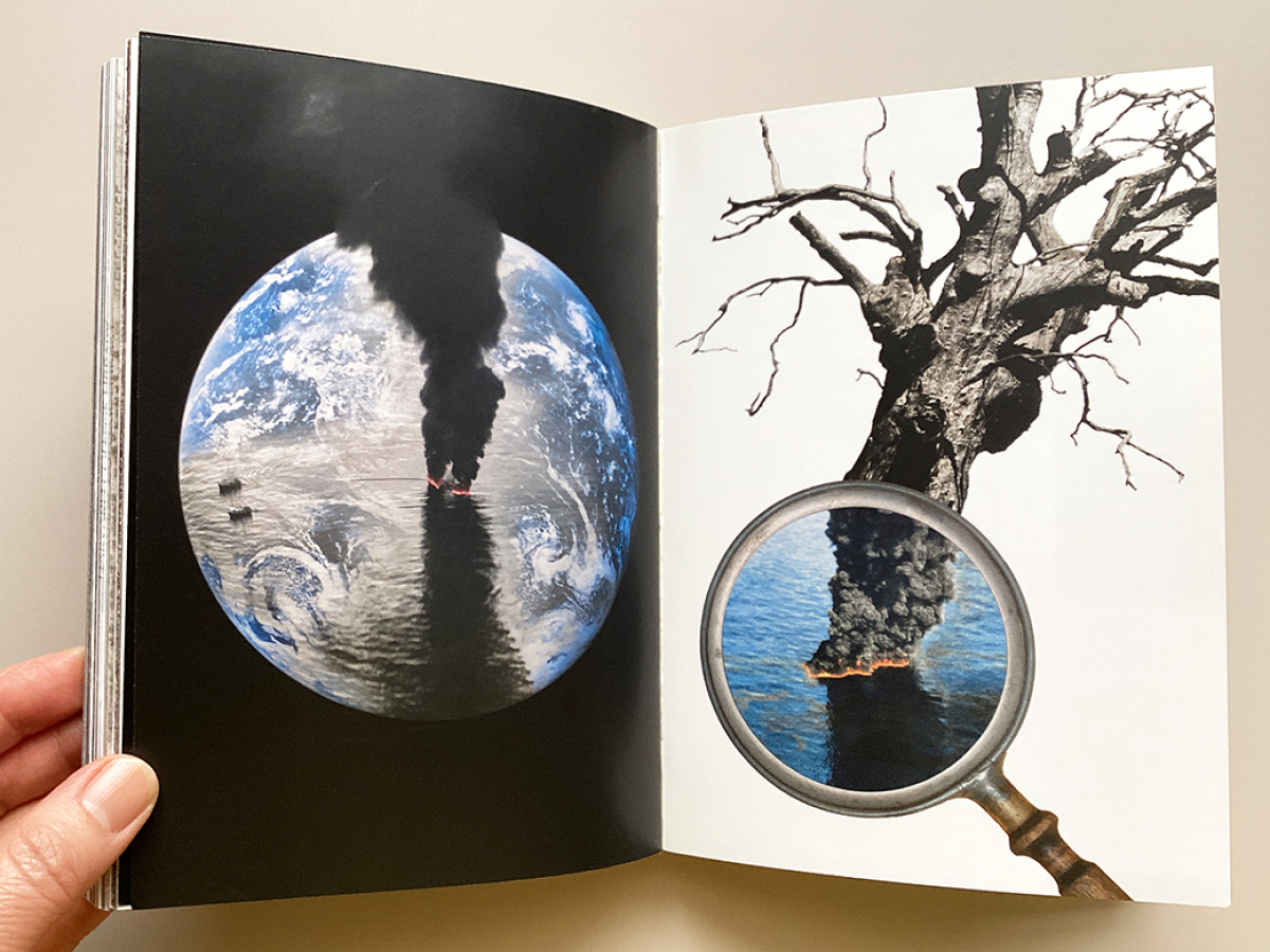 Page spread featuring an image of earth being split and dead tree submerged in the water with a magnifying glass view revealing the black smoke and fire on the water 