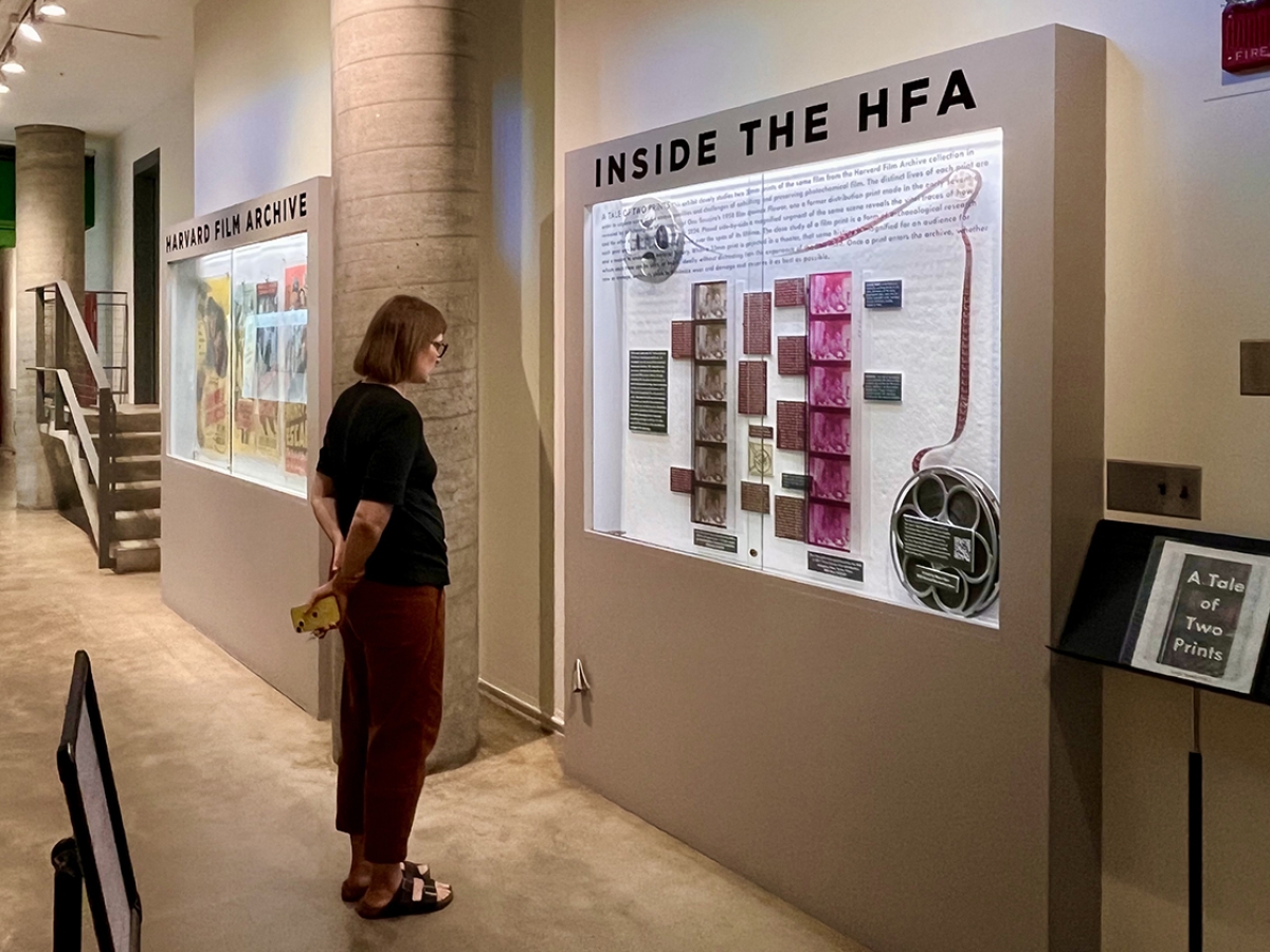 wide shot of woman looking at film print exhibit outside the Harvard Film Archive theater