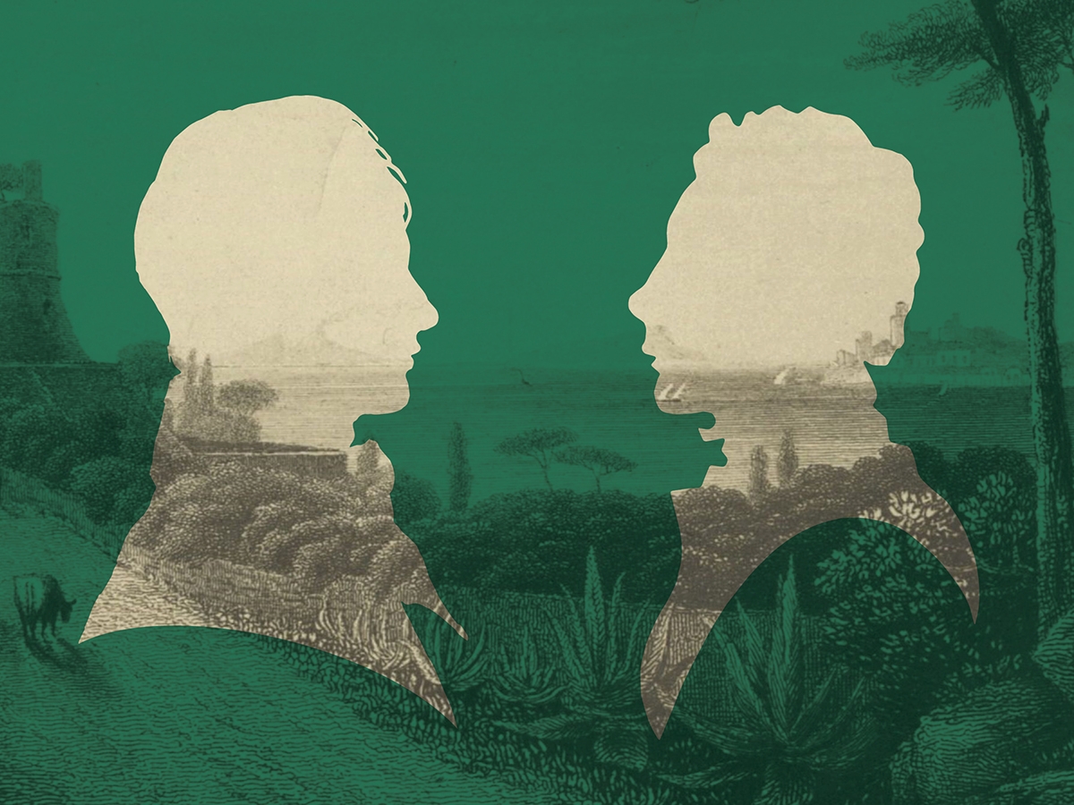 Silhouettes of Percy Bysshe Shelley and John Keats facing each other with an Italian landscape in the background.