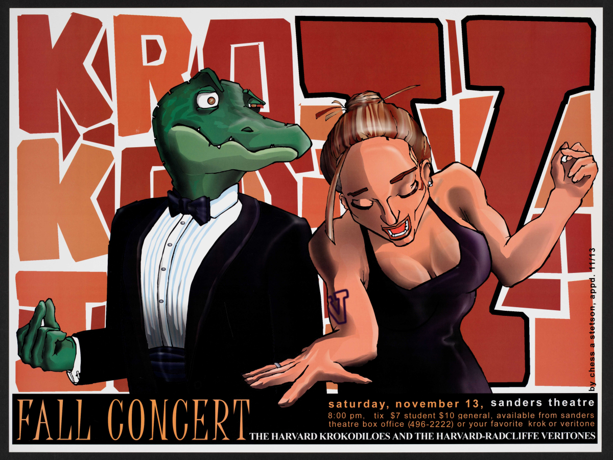 Image of an illustrated concert poster featuring a crocodile in a tuxedo alongside a dancing woman in a black dress
