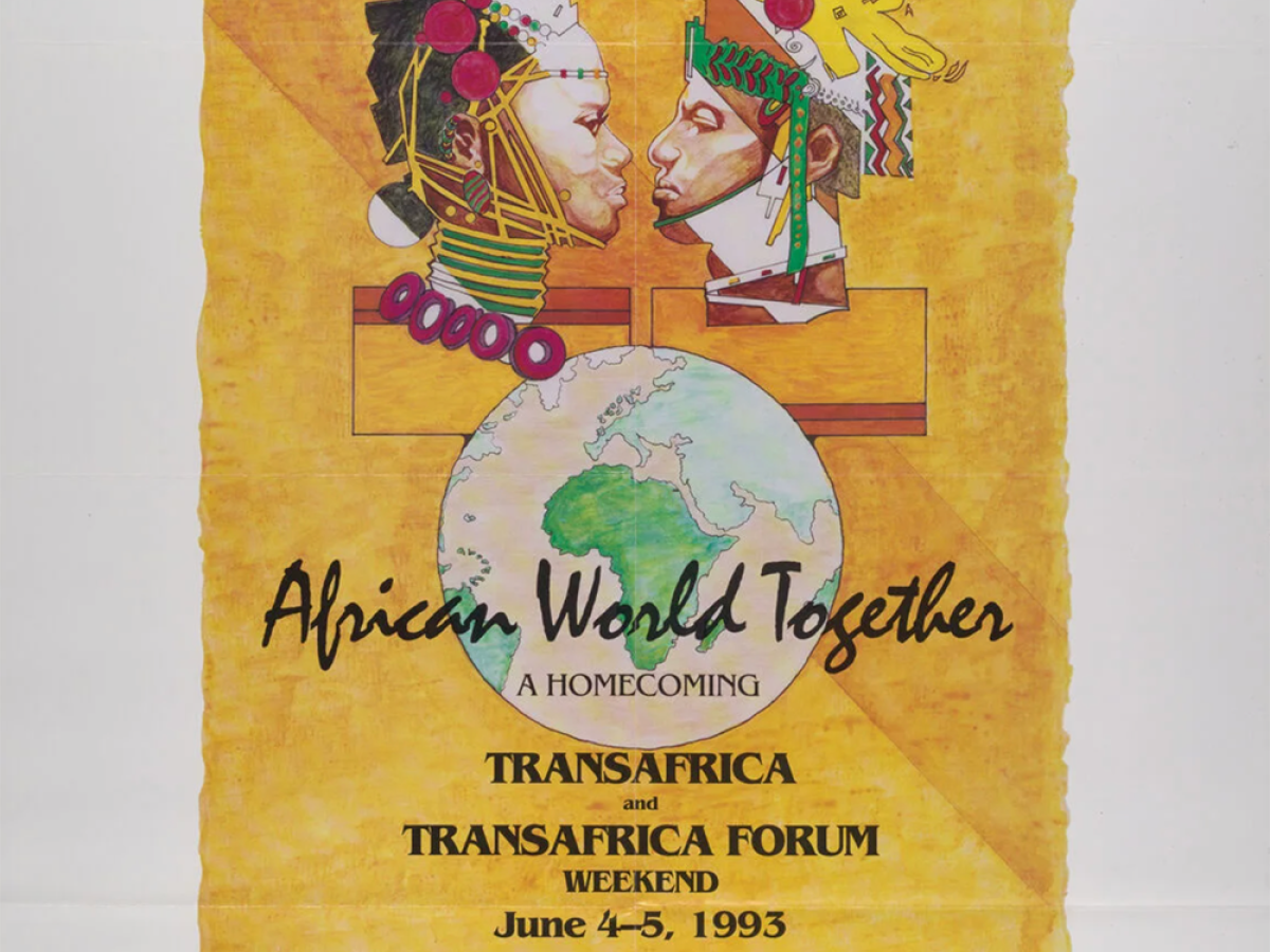 TransAfrica and TransAfrica Forum Weekend poster, hand painted with bright yellow and orange, bust-style figures with traditional headwear are the focus. 