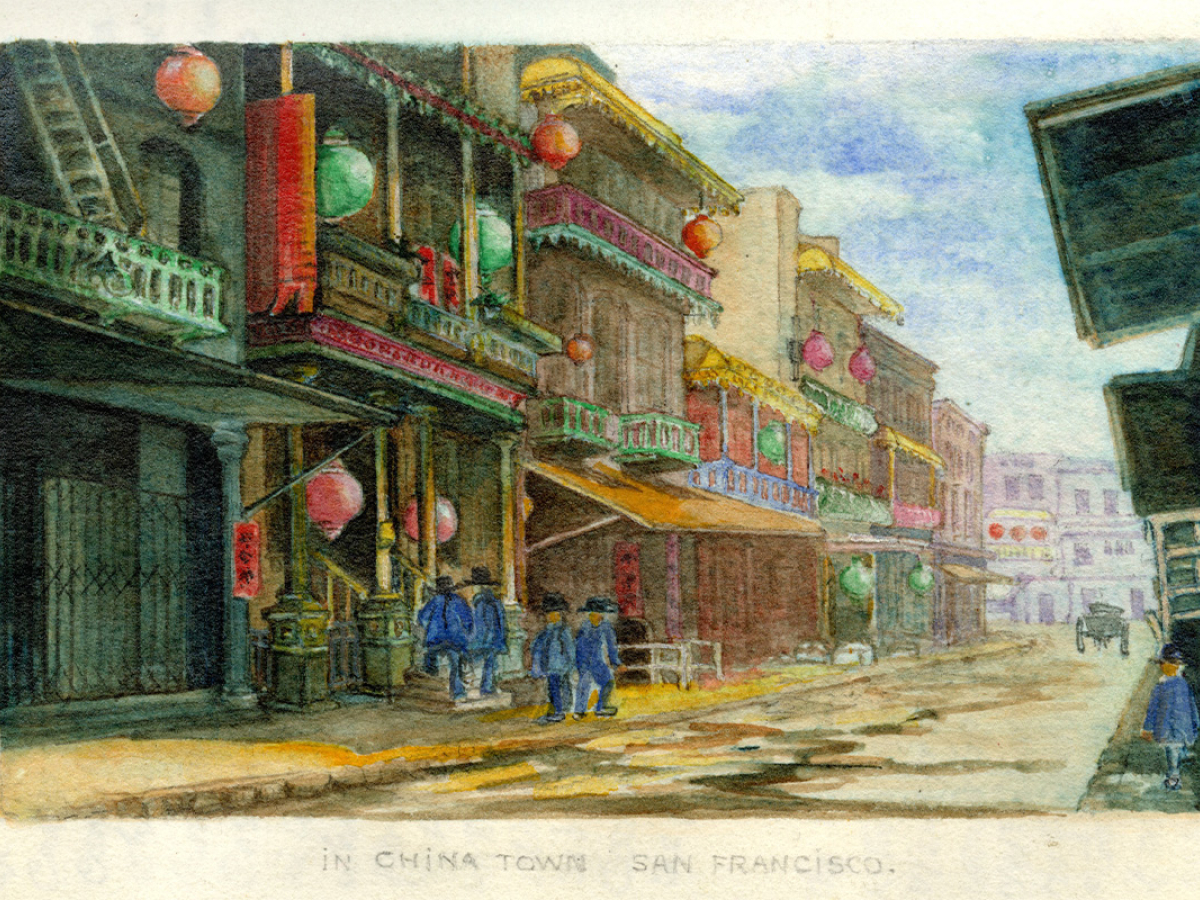 A scan of a colorful tipped-in watercolor of a street scene of San Francisco’s Chinatown in darker colors with crowded compositions.