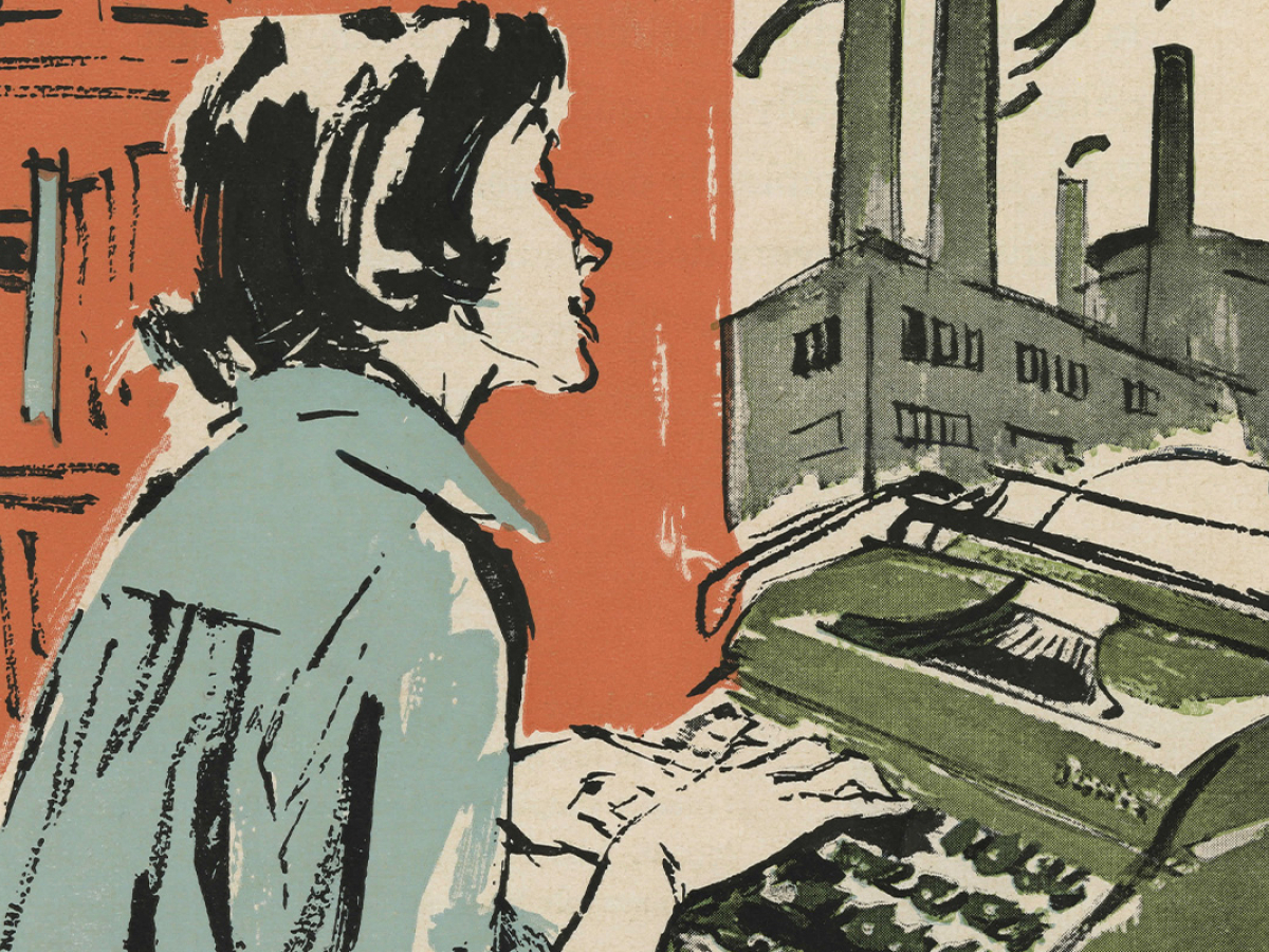 A 20th-century brochure featuring a woman typing on a green typewriter at her desk with a factory visible through the window.