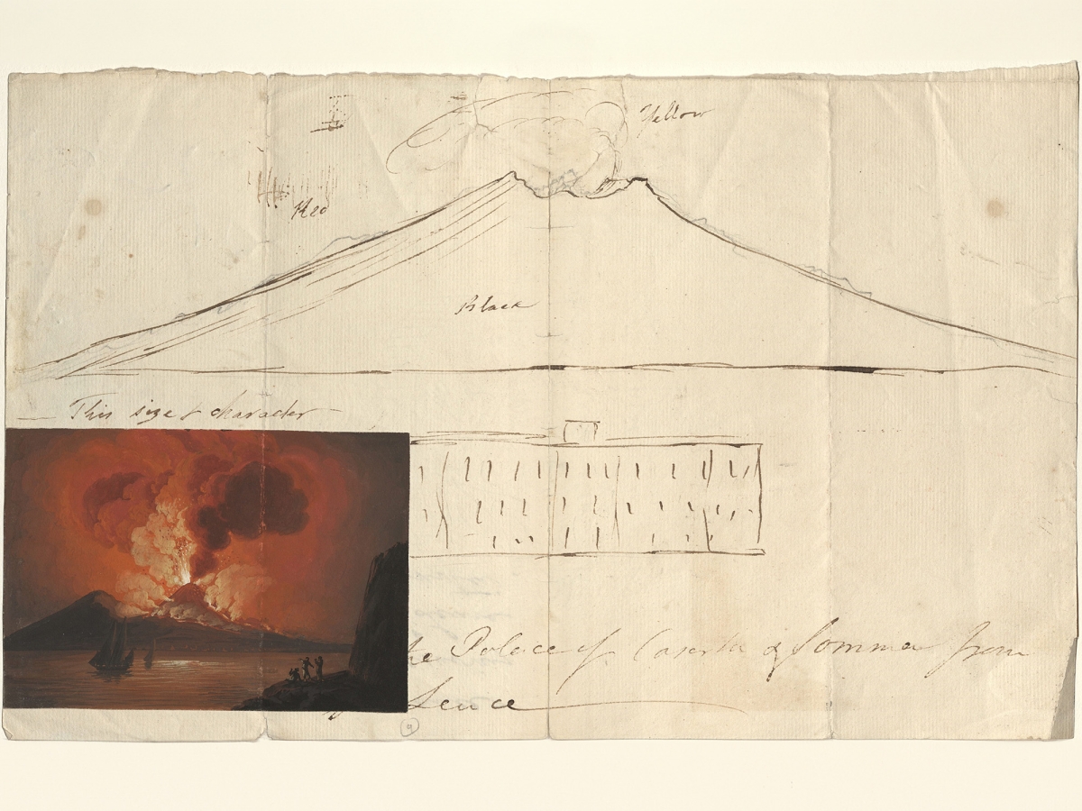Sketch of Vesuvius’s volcanic activity with a colored print of it erupting attached to the bottom left corner of the page.