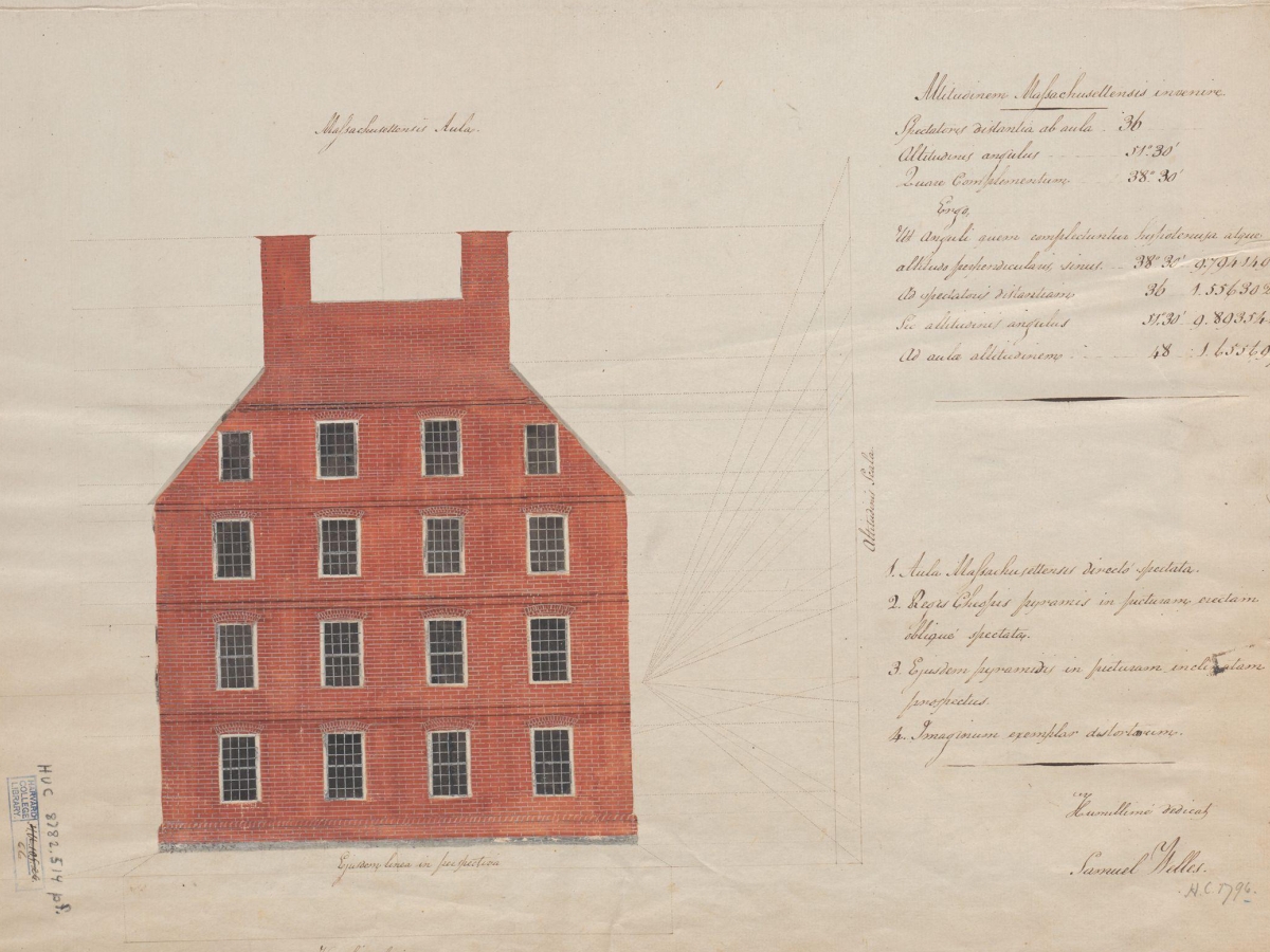 Detailed image of Samuel Welles' mathematical thesis "Delineationes Perspectivae" which depicts Massachusetts Hall (drawn in red, on left) with handwritten (in ink) equations (on right).