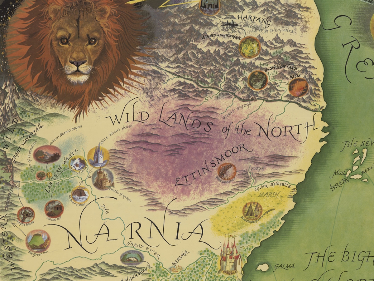 Map of part of Narnia with Aslan the lion in the top left corner