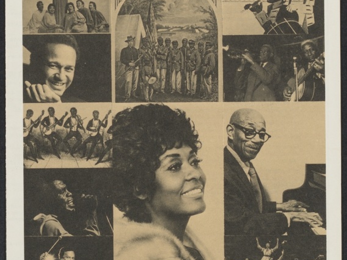 A poster with a montage of 12 scenes of Black performers singing, dancing, and playing instruments. The text reads “Announcing the Second Edition of The Music of Black Americans by Eileen Southern, Harvard University.” 