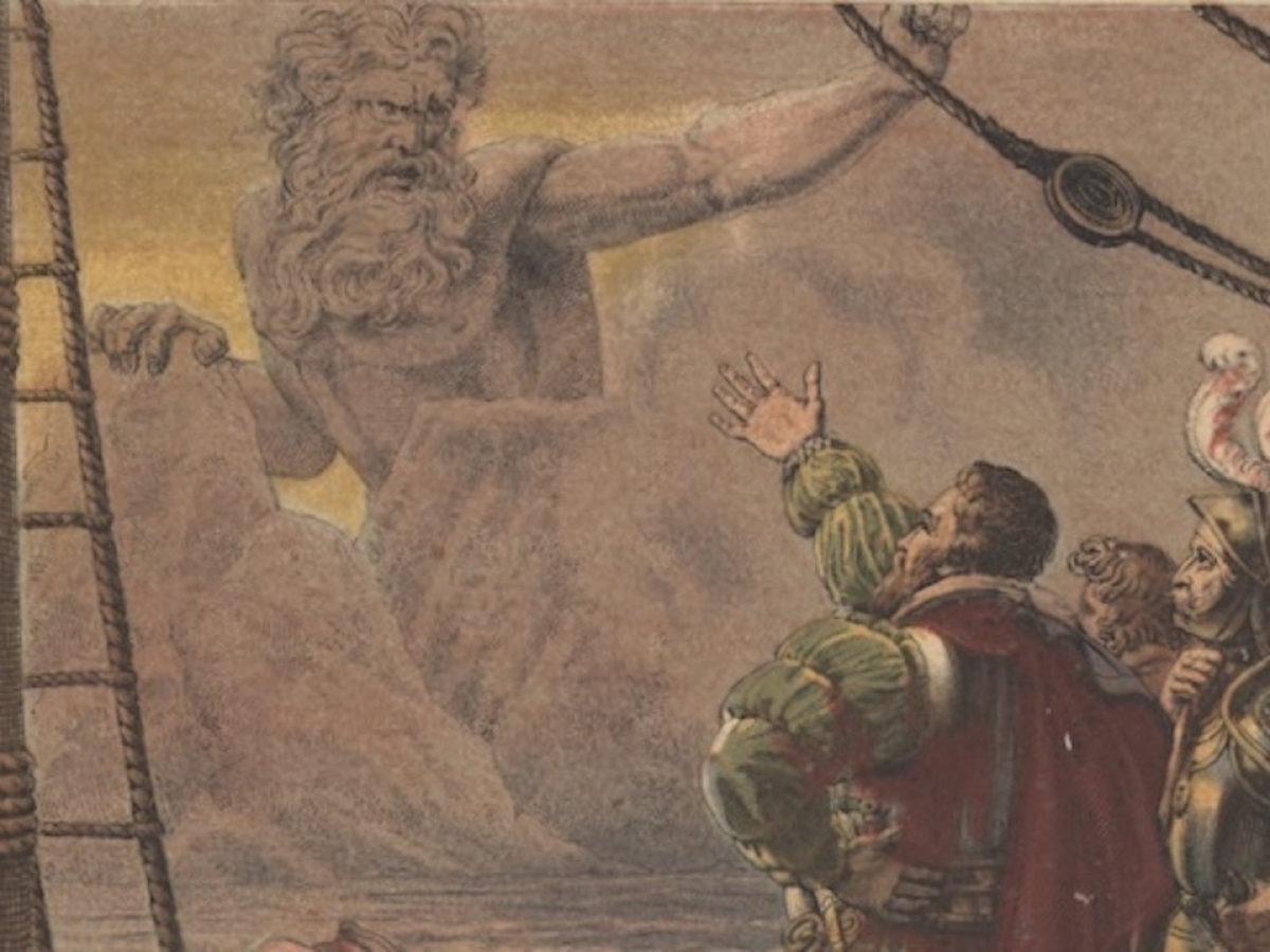 Three men standing on the deck of a ship stare at a bearded giant appearing from behind a mountain.