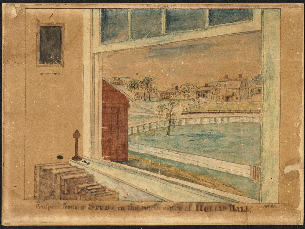 Colorful illustration of the view out of student's dormitory window from the 18th century.