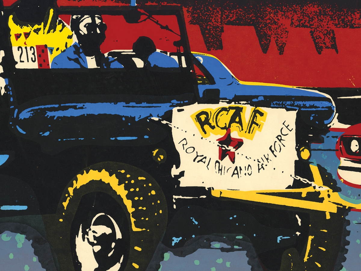 Three men sit in a military jeep with a banner reading "RCAF" on the front grill.